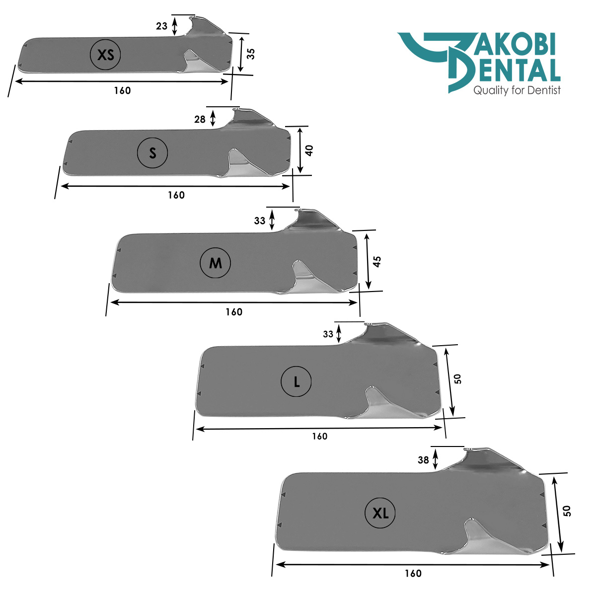 Stainless steel photo mirror set (5 mirrors) for measuring the palate, with integrated cheek retraction, Front Surface